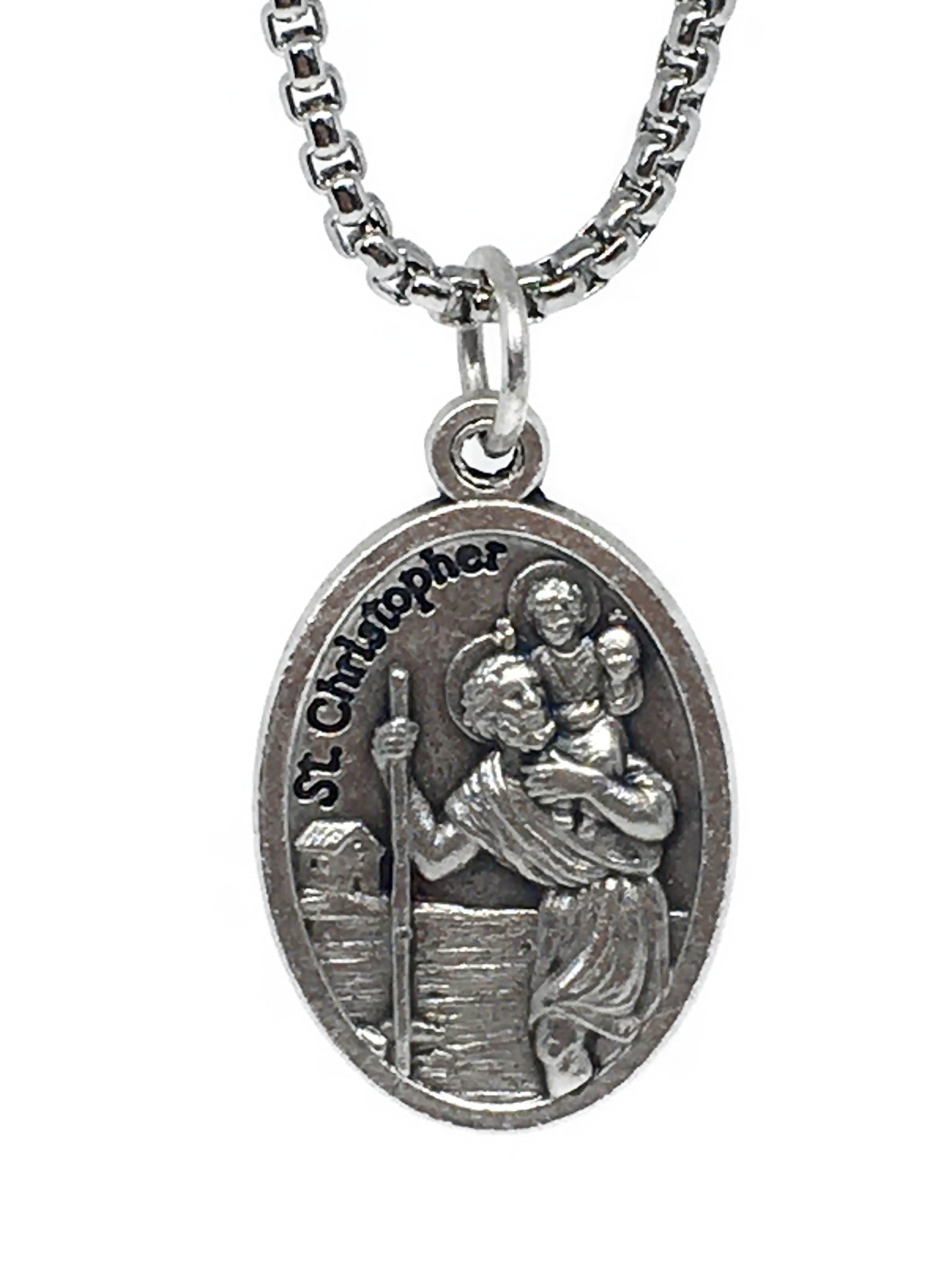 Enlightened Expressions Large Detailed Men's Genuine Pewter Saint St. Christopher  Medal Pendant 1 x 3/4 Inches Travelers/Motorists-7022E- Comes with a 24  inch Stainless Silver Heavy Curb Chain Neckace And a Black velvet